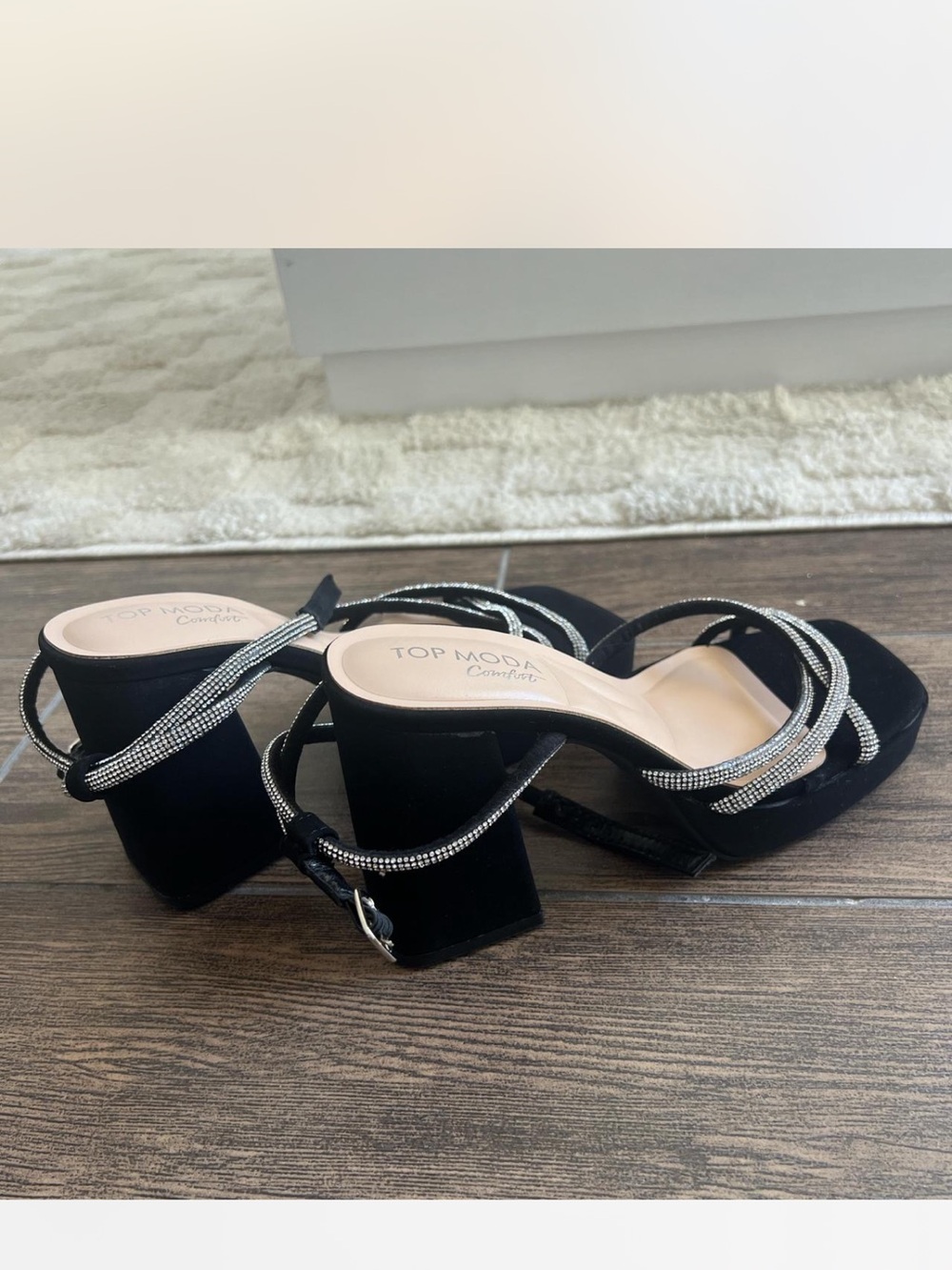 TOP Moda Black Rhinestone-Strap Square Toe Block Heels - Picture 2 of 4